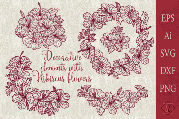 Decorative Elements with Hibiscus Flower: Graphics for Crafts